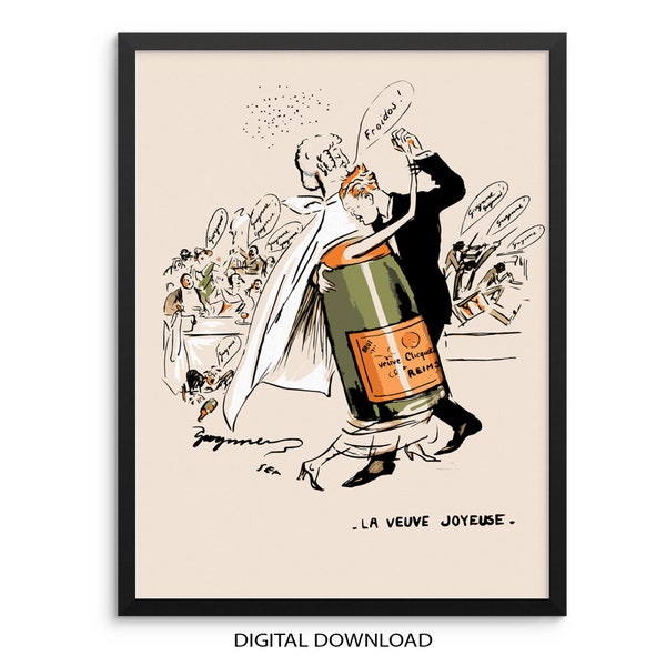 Vintage Champagne Art Print La Veuve Joyeuse Poster |DIGITAL DOWNLOAD| Cocktail Drinks Wall Art for Bar Cart, Entryway or Living Room Decor