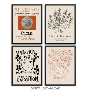 Set of 4 Gallery Wall Matisse and Picasso Exhibition Art Prints |DIGITAL DOWNLOAD| Neutral Colors Mid-Century Wall Art for Living Room Decor