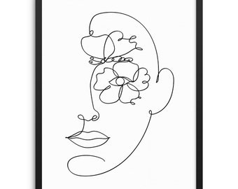 Abstract Woman's Face with Flower One Line Art Print DIGITAL DOWNLOAD Poster Minimalist Artwork Living Room Women's Bedroom Bathroom Office