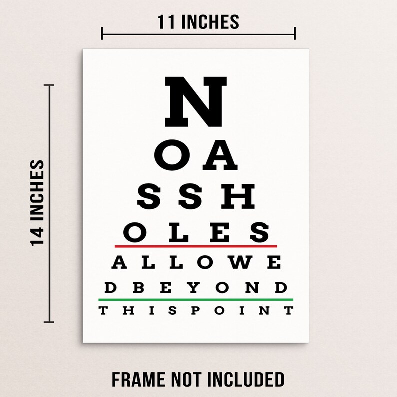 funny eye chart snellen poster wall print no asshoies allowed etsy