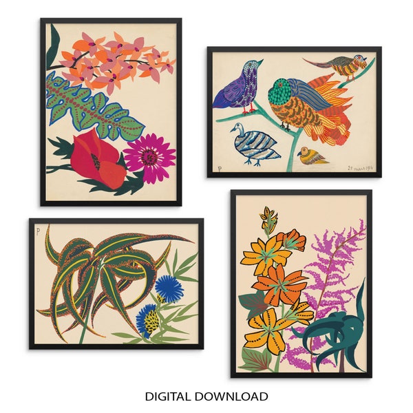 Set of 4 Colorful Eclectic Gallery Wall Art Prints | DIGITAL DOWNLOAD | Vintage Botanical Flowers and Birds Posters  Wall Decor