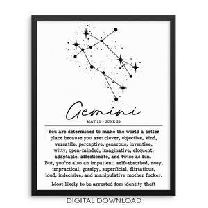 GEMINI Zodiac Sign Constellation Art Print | DIGITAL DOWNLOAD | Sarcastic Adult Humor Zodiac Poster | Gemini Birthday Gifts