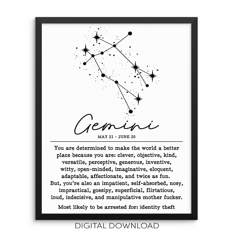 GEMINI Zodiac Sign Constellation Art Print | DIGITAL DOWNLOAD | Sarcastic Adult Humor Zodiac Poster | Gemini Birthday Gifts image 1