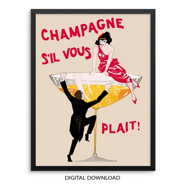 Vintage Cocktail Retro Poster Champagne Art Print |DIGITAL DOWNLOAD| Colorful Eclectic Wall Art for Bar Cart, Entryway or Living Room Decor