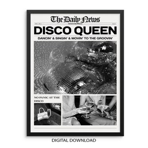 Modny plakat z gazetą Disco Queen | POBIERANIE CYFROWE | Plakat typograficzny do baru, przedpokoju lub salonu