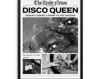 Trendy Newspaper Art Print Disco Queen Poster |DIGITAL DOWNLOAD| Typography Poster for Bar Cart, Entryway or Living Room Decor