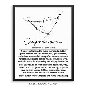 CAPRICORN Horoscope Zodiac Constellation Wall Art Print - DIGITAL DOWNLOAD - Sarcastic Adult Humor Artwork Living Room Bedroom Birthday Gift