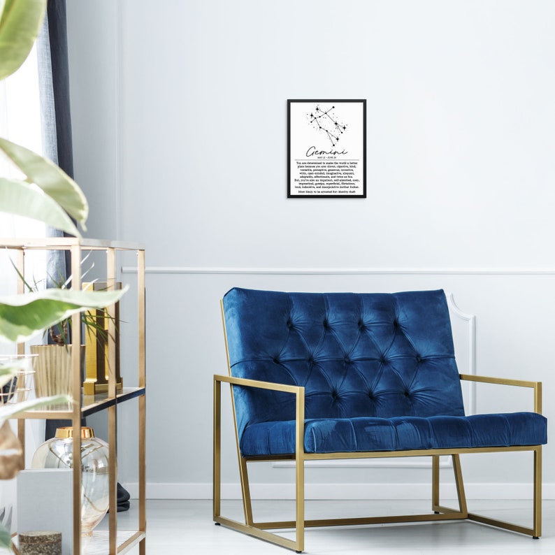 May include: Black and white printable poster with the Gemini zodiac sign and a description of the Gemini personality traits. The poster is framed and hanging on a white wall.