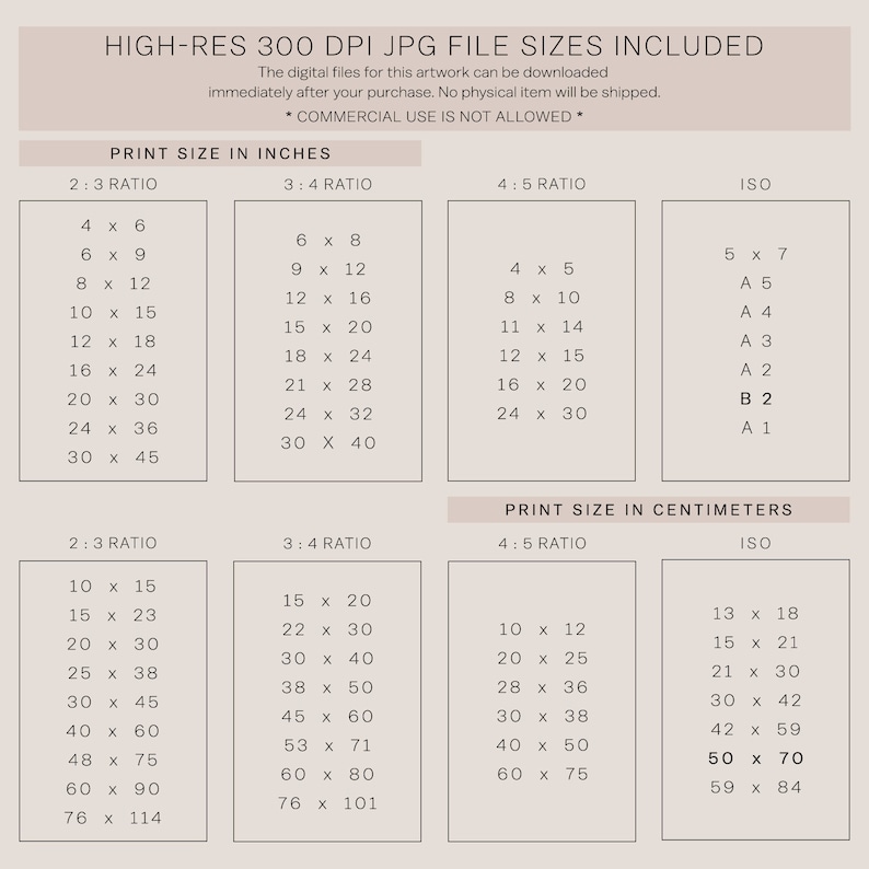 Op de afbeelding: Een tabel die de verschillende afdrukformaten laat zien die beschikbaar zijn voor digitale kunstwerken in inches en centimeters. De tabel bevat de verhoudingen 2:3, 3:4, 4:5 en ISO-standaardformaten. De tekst "HIGH-RES 300 DPI JPG FILE SIZES INCLUDED" staat bovenaan de tabel. De tekst "COMMERCIAL USE IS NOT ALLOWED" staat in het midden van de tabel.