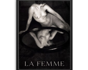 Fashion Art Print Nude Woman in Front of Mirror |DIGITAL DOWNLOAD| Vintage La Femme Poster Black and White Artwork for Women's Bedroom Decor