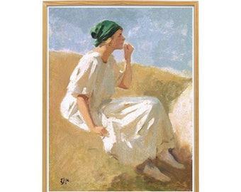 Seated Woman with Green Head Scarf Figurative Art Print | Vintage Female Poster | DIGITAL DOWNLOAD | Gallery Wall Soft Colors Artwork Decor