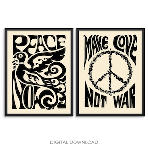 Set of 2 Gallery Wall Art Prints Make Love Not War and Peace Now | DIGITAL DOWNLOAD | Vintage Psychedelic Groovy Posters | Trendy Art Prints