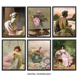 Set of 6 Eclectic Gallery Wall Pink Theme Art Prints | DIGITAL DOWNLOAD | Vintage Posters for Bedroom Entryway Living Room Wall Decor