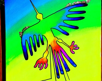 Acrilico su tela di cotone Cornice rettangolare in legno 40 cm x 30 cm, Dipinto etnico Linea di Nazca "Il volo del Condor"