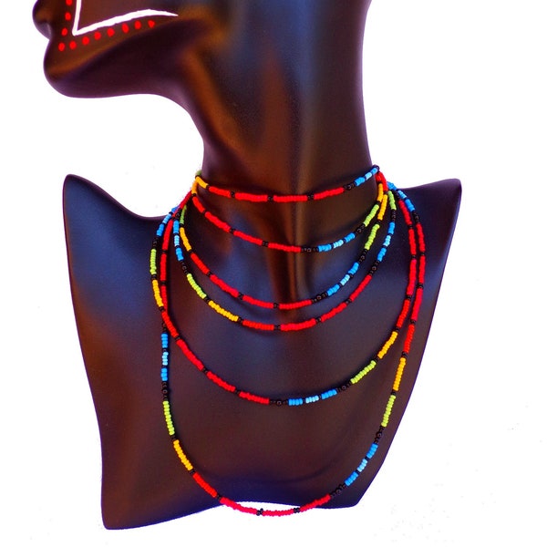 Grand Sautoir Collier Tribal Ethnique de Perles Rocaille Verre Multicolores, Long collier de 2 mètres de long  ("78.74)