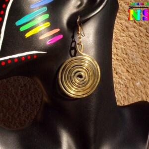 Handmade Artisan Gold Brass Pendants Inspired by Inca Jewelry - Hammered Brass Spiral Earrings in Shiny Gold Finish