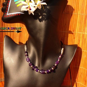 Handmade Adjustable Necklace Natural Amethyst Pearls, Boho Crystal Amethyst Jewel France, Silver and Purple Women's Necklace