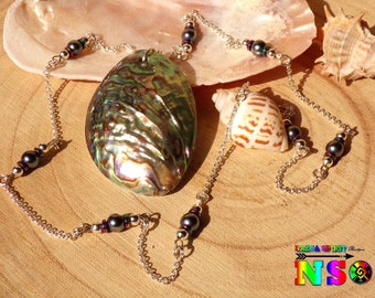 Necklace necklace Tahitian Handmade necklace of 63 cm ("24.80) - Jewel Sterling Silver Chain and Pearls of Black Culture and Pearls Abalone Paua