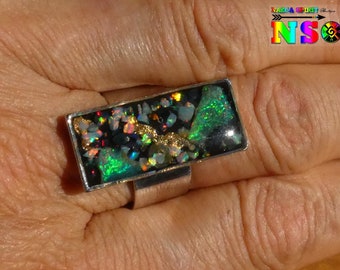 Adjustable Cocktail Ring Rectangle, Silver Plated, Natural Opals Ethiopia, 24K Gold Leaves, Resin Inclusion, Precious Handmade Jewelry