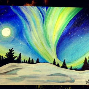 Peinture Acrylique sur Carton Toilé 30 cm, Paysage de Montagne Aurore Boréale Neige et Sapins, Peinture Iridescente décoration intérieure