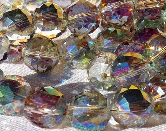 14 mm ("0.55") Large Round Beads, Czech Faceted Boho Crystal, 1.5 mm Hole, Transparent Iridescent Multicolored Reflections