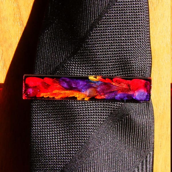 Pince à Cravate en Acier Inoxydable Argent - Cabochon Rectangle Multicolore en Verre Coupe et Coloration 100%  Handmade - Gamme Unisexe