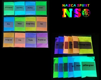 May include: A collection of small, clear plastic bags filled with vibrant, glowing powders in various colors, including yellow green, aqua blue, and red. The bags are labeled with the color names. The image also features the text "NAZCA SPIRIT NSO".