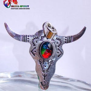 Large Ethnic Tribal Pendant of 7.1 cm Buffalo Ox Head Silver Metal Engravings Ethnic Symbols,Cabochon Artisanal Coloring image 4