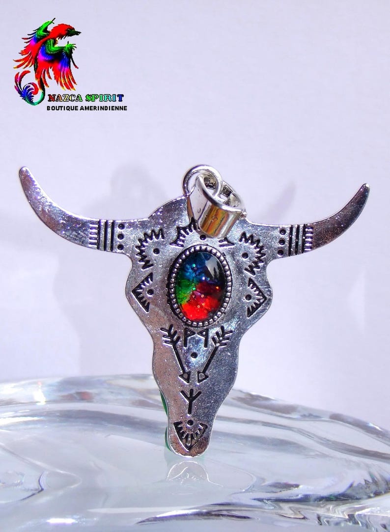 Large Ethnic Tribal Pendant of 7.1 cm Buffalo Ox Head Silver Metal Engravings Ethnic Symbols,Cabochon Artisanal Coloring image 4