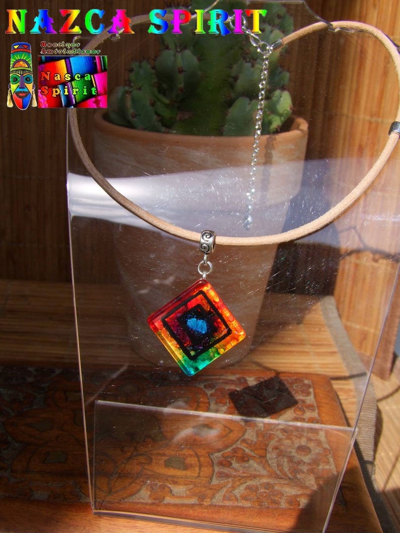 Amerindian Choker necklacenatural leather Chokermulticolor glass Rhombus pendantInca styleblack rhombic patterns