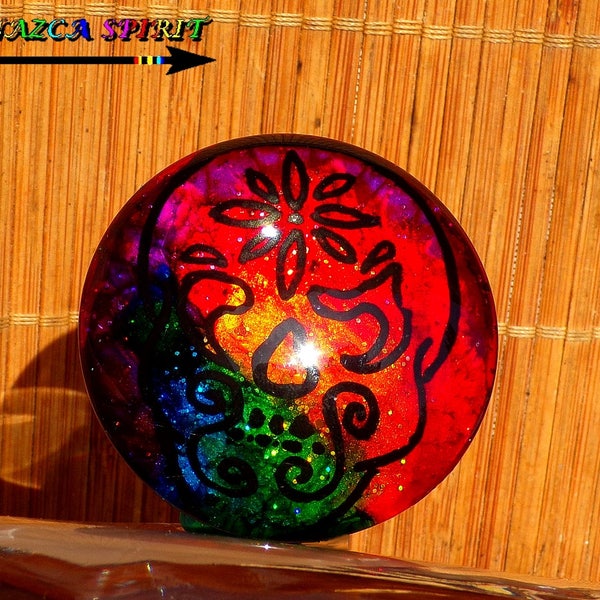 Cabochon rond tête de mort esprit mexique peint à la main de 5 cm ∅ ("1.97) - verre dôme coloré artisanalement multicolore iridescent