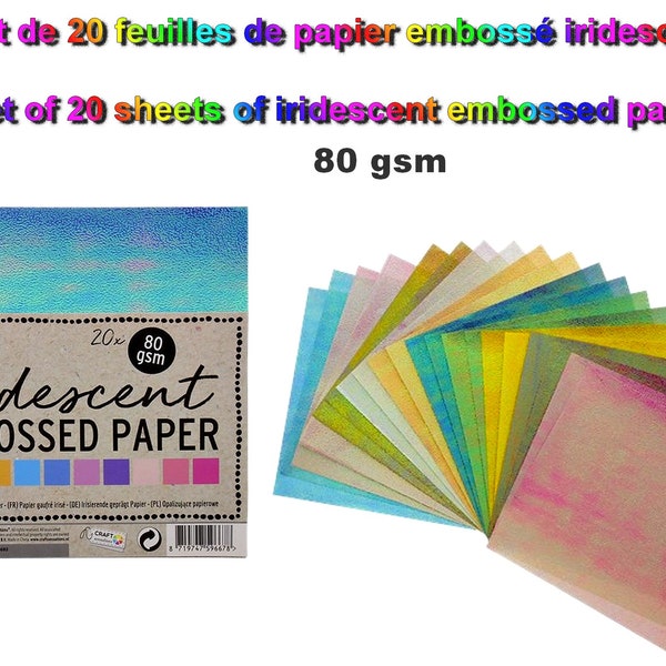 1 set of 20 sheets of iridescent embossed paper - Thick iridescent paper for scrapbooking and creative hobbies - Lot 10 iridescent colors