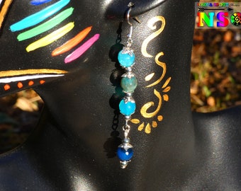 Boucles d'oreilles Pendants Bohème hippie - Bijou pour femme - Création artisanale - Agates Veine de Dragon Bleu Turquoise et Bleu Cobalt