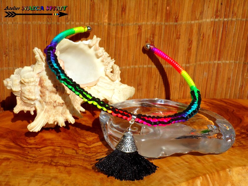 Necklace silver plated spirit Peru boho ethnic weaving macrame multicolor Rainbow pendant Pompom black