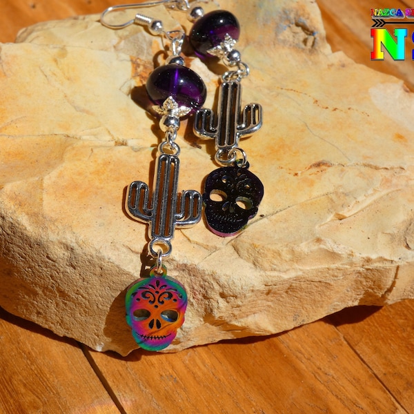 Pendants Esprit Mexique de 9 cm ("3.54) de Long - Boucles d'Oreilles Crânes Mexicains Multicolores Acier Inoxydable Cactus et Améthystes