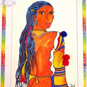 Peinture Acrylique Rectangulaire/ Tibétaine en Tenue Traditionnelle / Couleurs Iridescentes / Encadrement Carton Blanc / Rubans Multicolores