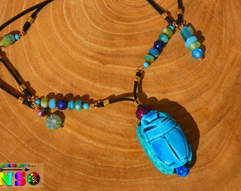 Egyptian Necklace Adjustable Scarab Pendant in Turquoise Blue Enamelled Ceramic - Handmade Jewel Lapis Lazuli from Egypt and Boho Crystal