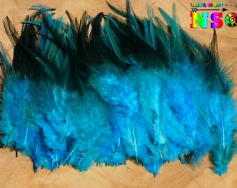 Plumes de Coq Teintées Bleu Turquoise et Vert Emeraude de 6 cm à 11 cm, Plumes Création Bijoux et Objets Tribal Ethniques, Artisanat d'Art