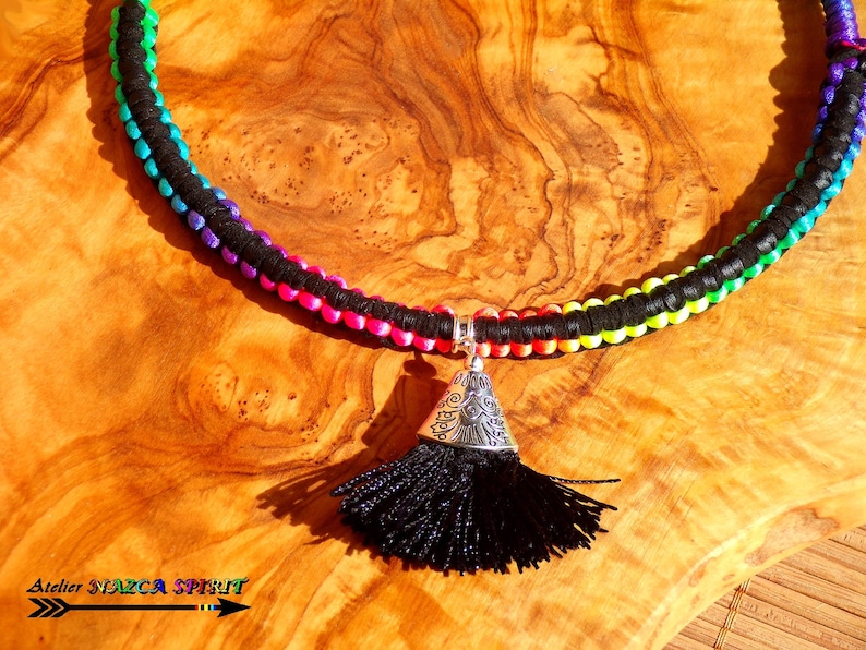 Necklace silver plated spirit Peru boho ethnic weaving macrame multicolor Rainbow pendant Pompom black