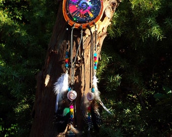 Grande acchiappasogni Divinità Artigianale Maya Hunab ku Multicolore - Legno da lavoro - Piume naturali - Perle fini di turchesi e agate