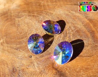 Cabochon Ovale de 14 mm x 10.5 mm, Cristal Autrichien Facetté Crystal Aurore Boréale, Multicolore Iridescent Lumineux pour Création Bijoux