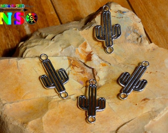 Silver Plated Brass Cactus Pendant Connectors 2.7cm("1.06)L x 1.4cm("0.55)W - Cactus Mexico Shiny Silver