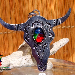 Large Ethnic Tribal Pendant of 7.1 cm Buffalo Ox Head Silver Metal Engravings Ethnic Symbols,Cabochon Artisanal Coloring image 1