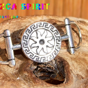 Verbindungsarmband, 4 cm, tibetische Legierung, versilbert – Verbindungsstück mit Reliefgravuren – Sonne und ethnische Symbole der Maya