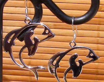 Ear Pendants for Ears Pierced 4.5 cm Long in the Shape of Dolphins Chiseled in Silver Plated Brass