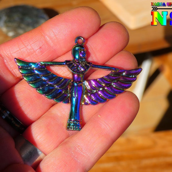 Large Rainbow Galvanized Brass Goddess Isis Pendant - Ancient Egypt Multicolored Iridescent - Pendant for Jewelry Making