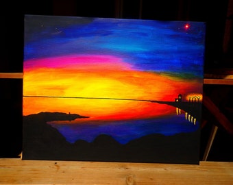 Painting Sunset on the Ocean - Cotton canvas wooden frame Rectangle 50 cm x 40 cm ("19.68 x "15.74) - Signed artistic painting