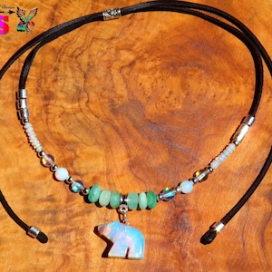 Adjustable Precious Ethnic Necklace - Opaline Tribal Bear Pendant - Green Opal Pearls of Peru - Ethiopian Opal Pearls