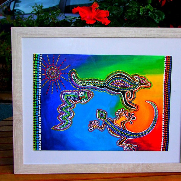 Peinture acrylique ethnique aborigène / vendue avec cadre sous verre / animaux australiens / Forme rectangle /