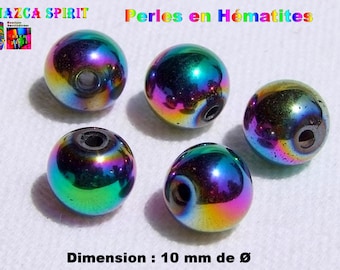 10 Perles Rondes de 10 mm en Pierre d'Hématite - Pierre Fine Multicolore Iridescent - Hématite Arc-en-Ciel pour Création Bijoux Ethniques